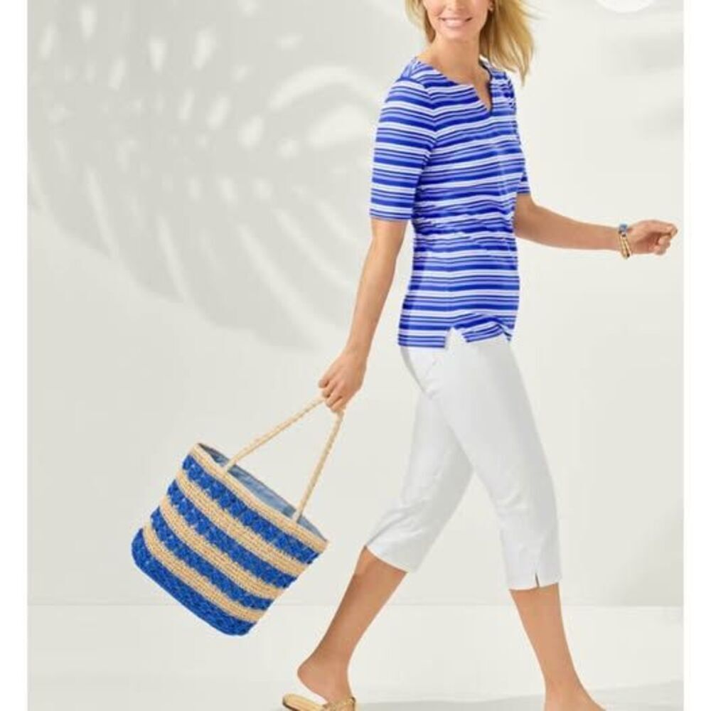 Talbots blue tan striped woven tote bag